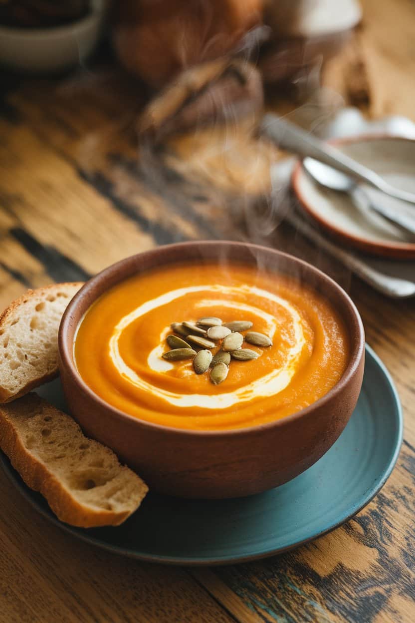 Indoor photo of a steaming bowl of velvety butternut squash soup swirled with cream and garnished with toasted pumpkin seeds, no text or logos