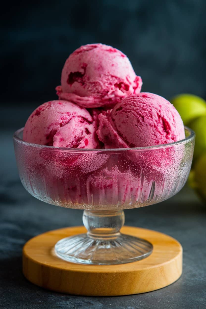 An indoor freezer-style dessert bowl holding scoops of vivid magenta cranberry-lime sorbet, condensation on the glass. No text or logos, photo only.