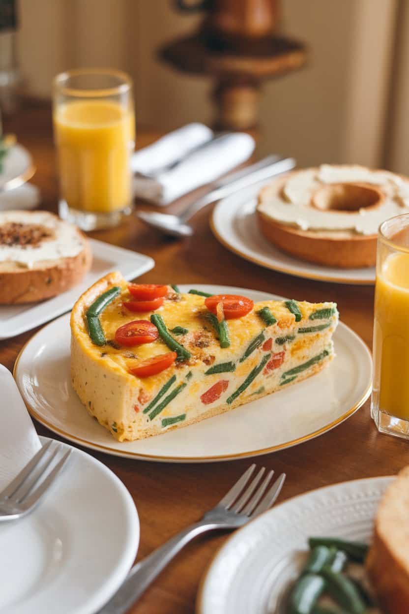 Indoor brunch table featuring a sliced wedge of golden frittata studded with green beans and cherry tomatoes; warm lighting, no text or logos