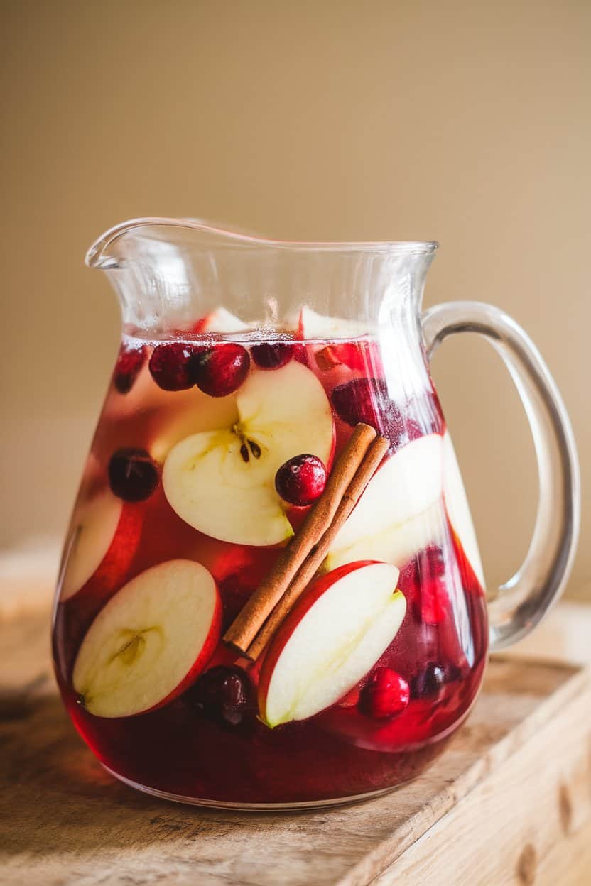 Clear pitcher indoors filled with white cranberry sangria, diced apples, cranberries, and cinnamon sticks floating; natural daylight, no text or logos. Photo only.