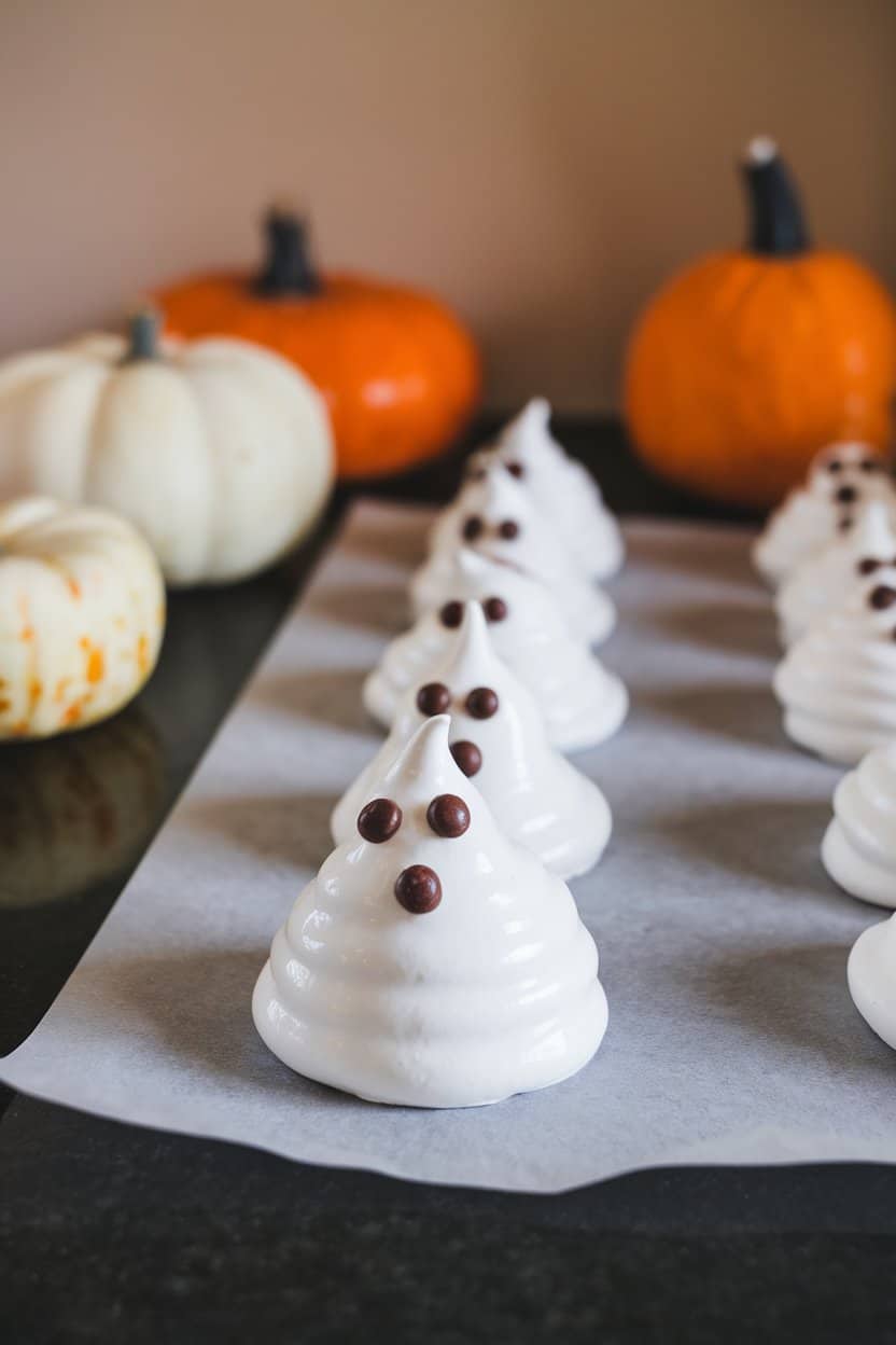 Photo of an indoor kitchen counter featuring glossy white meringue ghosts with chocolate dot eyes, lined up on parchment paper—no text or logos visible.