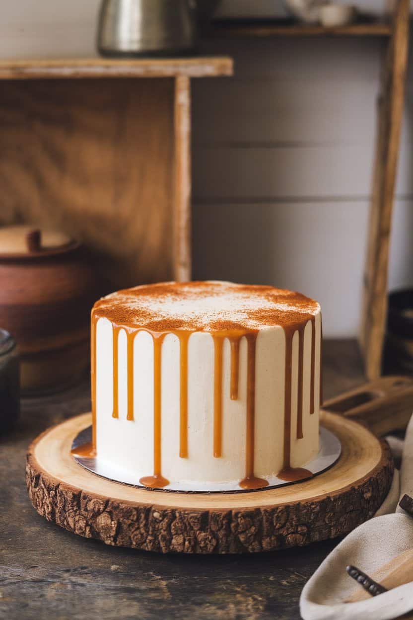 An indoor bakery setting showing a white cake with gleaming amber caramel dripping down the sides and a sprinkle of ground cinnamon on top, no text or logos.