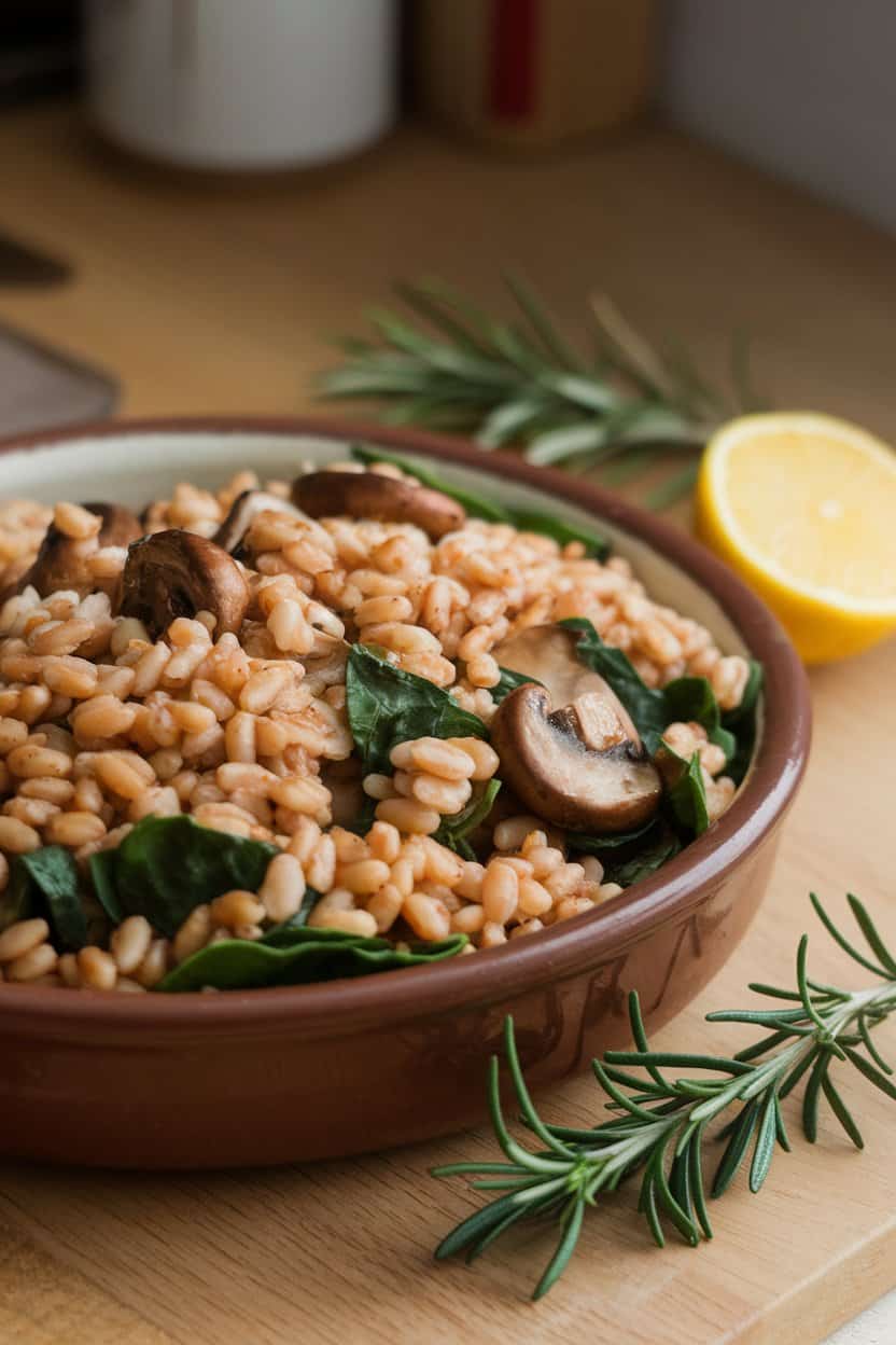 Indoor photo of farro grains mixed with rosemary-roasted mushrooms and baby spinach in a wide earthenware dish. No text or logos.