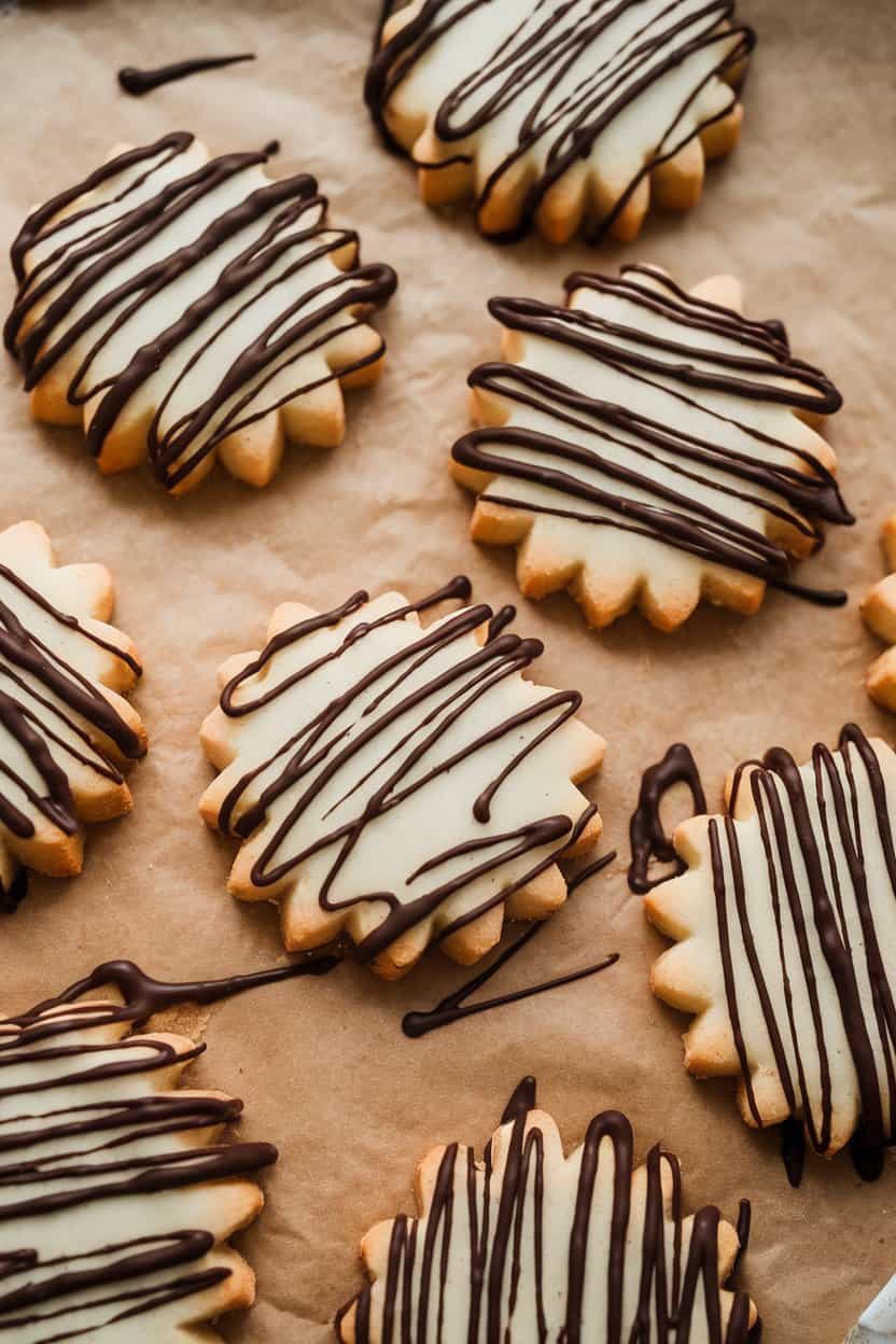 Photo prompt: Indoor kitchen counter with lacy almond Florentine cookies drizzled with dark chocolate, parchment background, no text or logos.