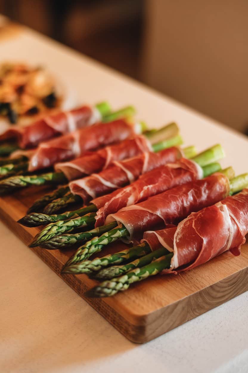 A wooden indoor serving board with slender asparagus spears wrapped in prosciutto, edges slightly crisp, photographed at a 45-degree angle. Warm lighting, no logos or text. Photo only.