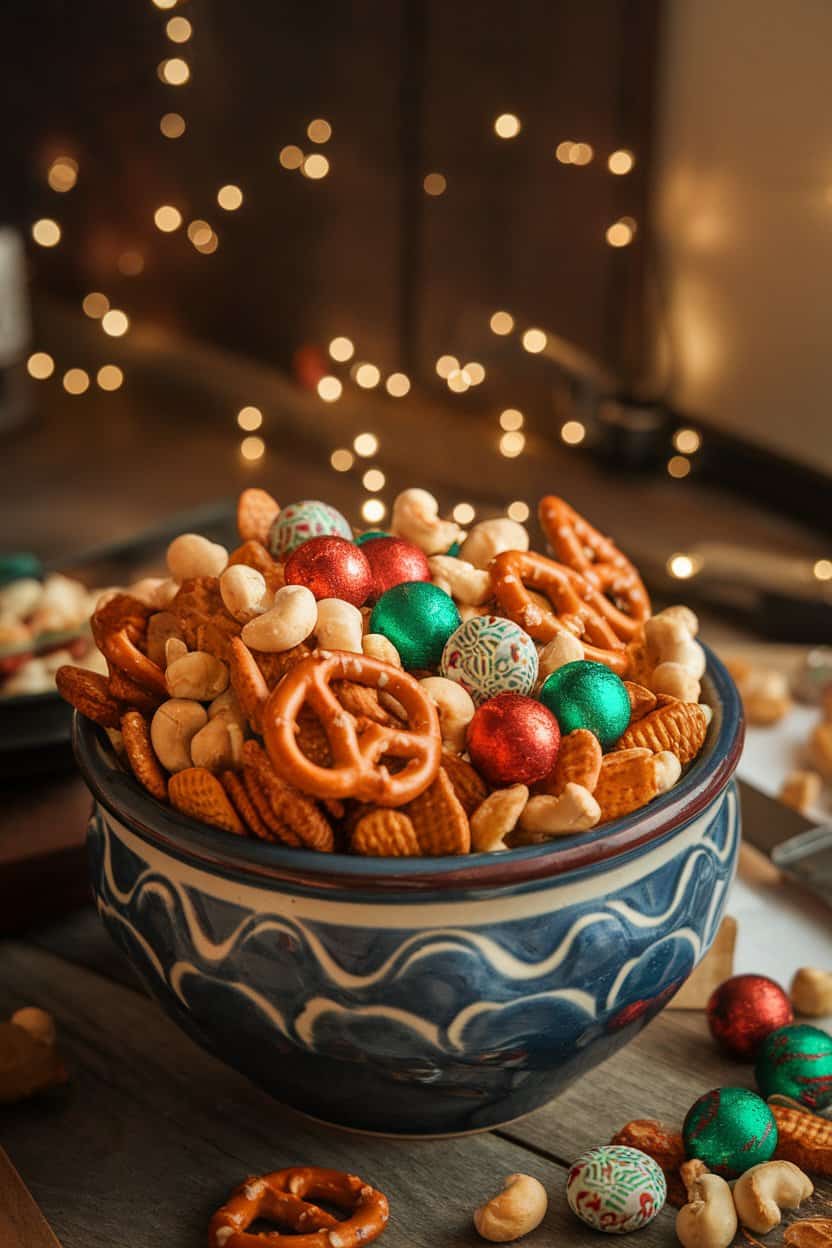 Indoor ceramic bowl overflowing with seasoned Chex Mix featuring pretzels, nuts, and festive red-green candy-coated chocolates. Warm ambient light, no text or logos. Photo only.