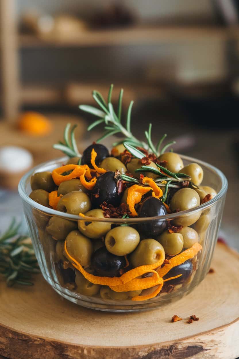 A clear glass bowl indoors brimming with green and black olives tossed with orange peel, rosemary sprigs, and chili flakes. No text or logos, photo.
