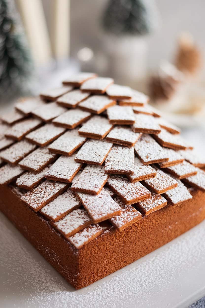 Indoor close-up of a rectangular cake topped with overlapping gingerbread cookie rectangles resembling roof shingles dusted with powdered sugar, no text or logos.
