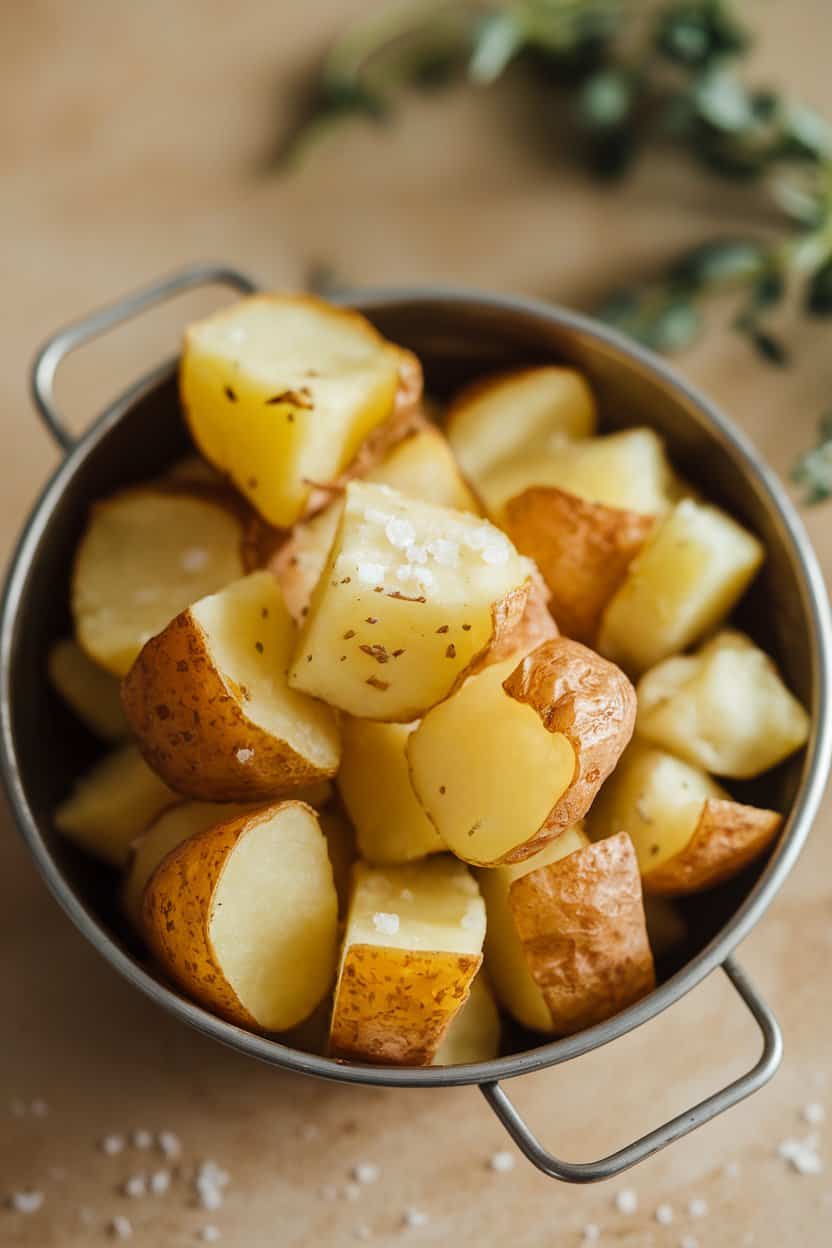 Indoor photo of golden potato cubes with crispy edges piled in a metal bowl, flecks of sea salt visible; no text or logos.