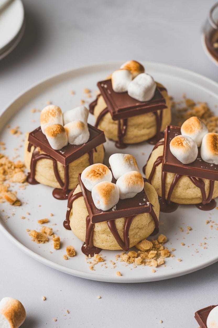 Indoor photo of sugar cookies topped with melted chocolate squares and toasted mini marshmallows, crushed graham crumbs scattered around. No logos.
