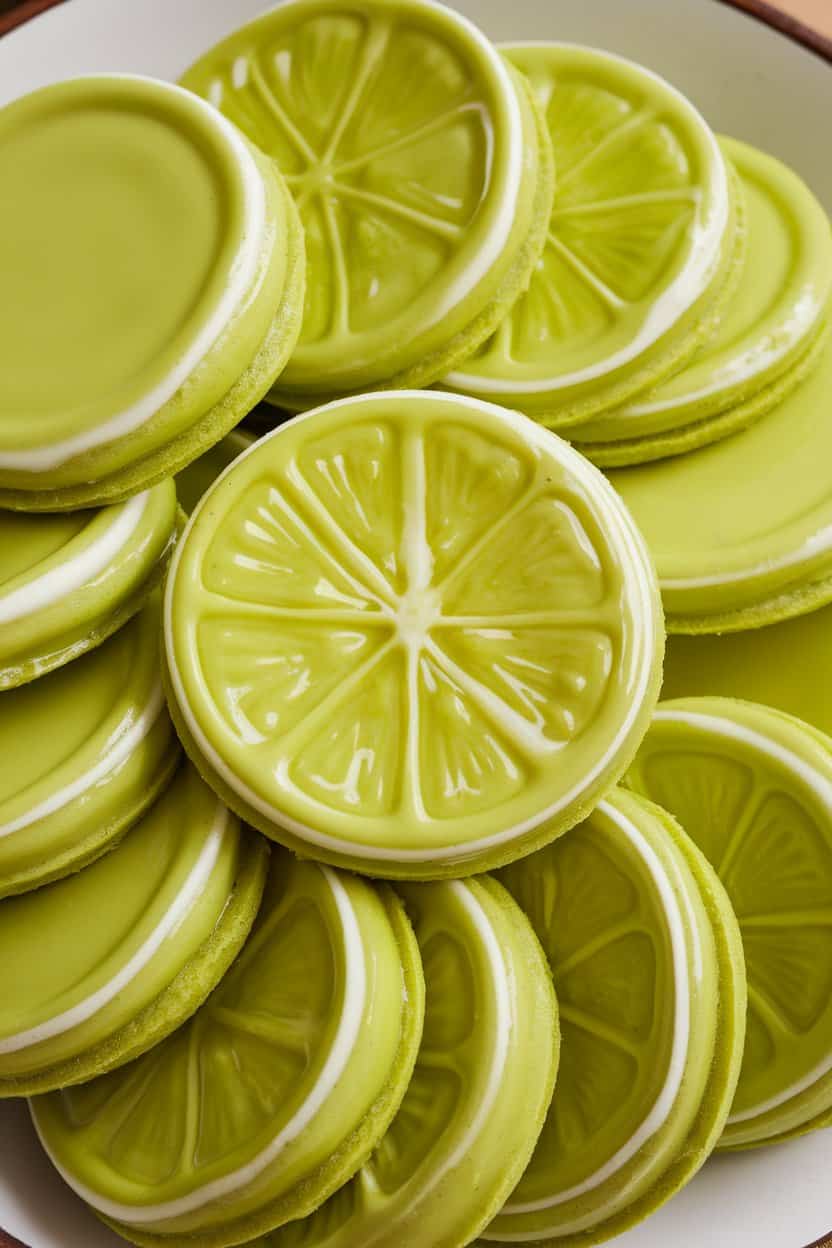 Photo of an indoor plate featuring bright green glazed lime cookies with a glossy finish, arranged in a loose circle—no text or logos visible.