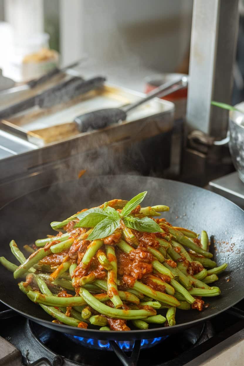 Indoor wok station scene with vibrant green beans coated in glossy chili sauce, garnished with torn basil leaves; steamy atmosphere, no text or logos