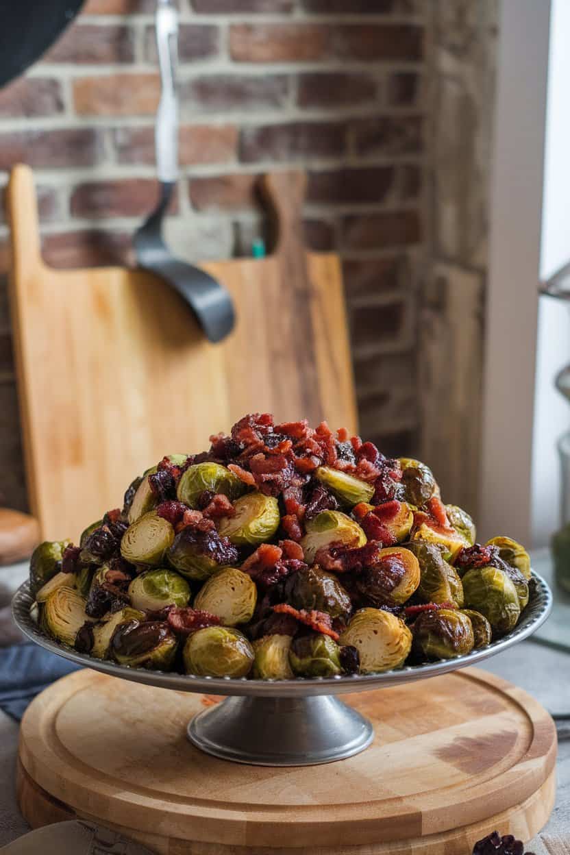 An indoor serving platter filled with roasted Brussels sprouts coated in shiny cranberry-balsamic glaze, bits of bacon visible. No text or logos, photo only.