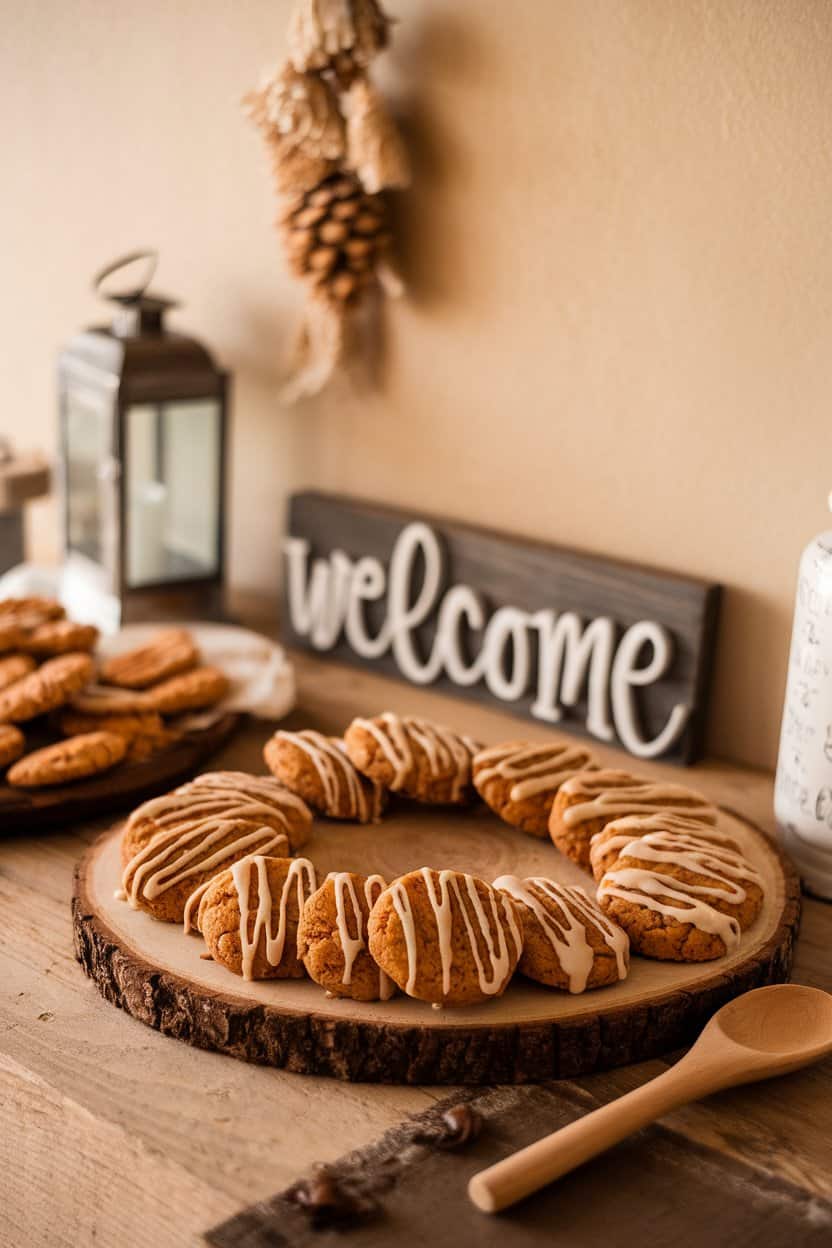 Photo prompt: Indoor rustic wood counter with maple pecan cookies drizzled lightly with maple glaze, warm lighting, no text or logos.
