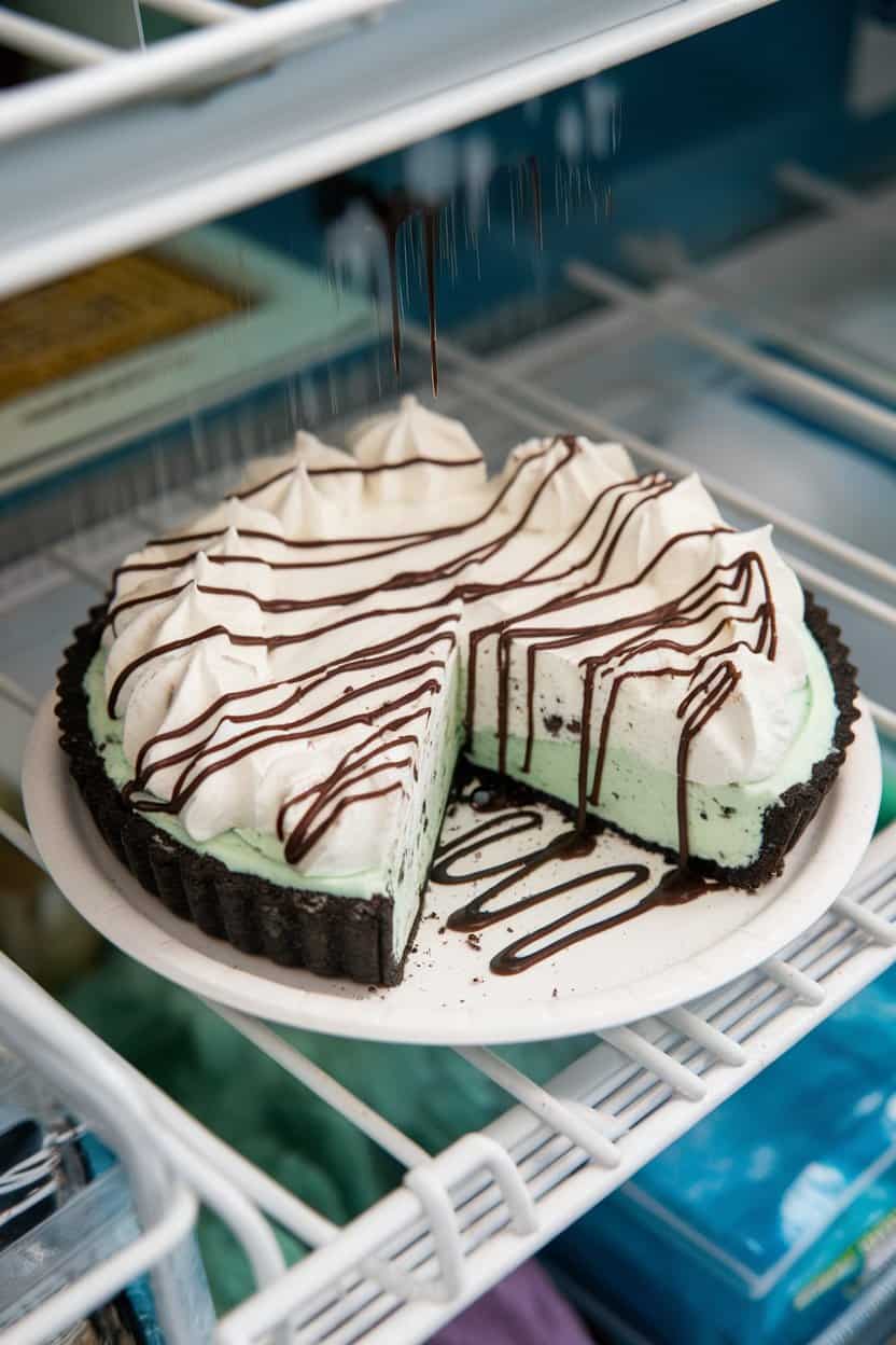 An indoor freezer-aisle styled shot with a slice of mint chocolate chip ice cream pie in an Oreo crust, drizzled with chocolate syrup, condensation visible. No text or logos. Photo.