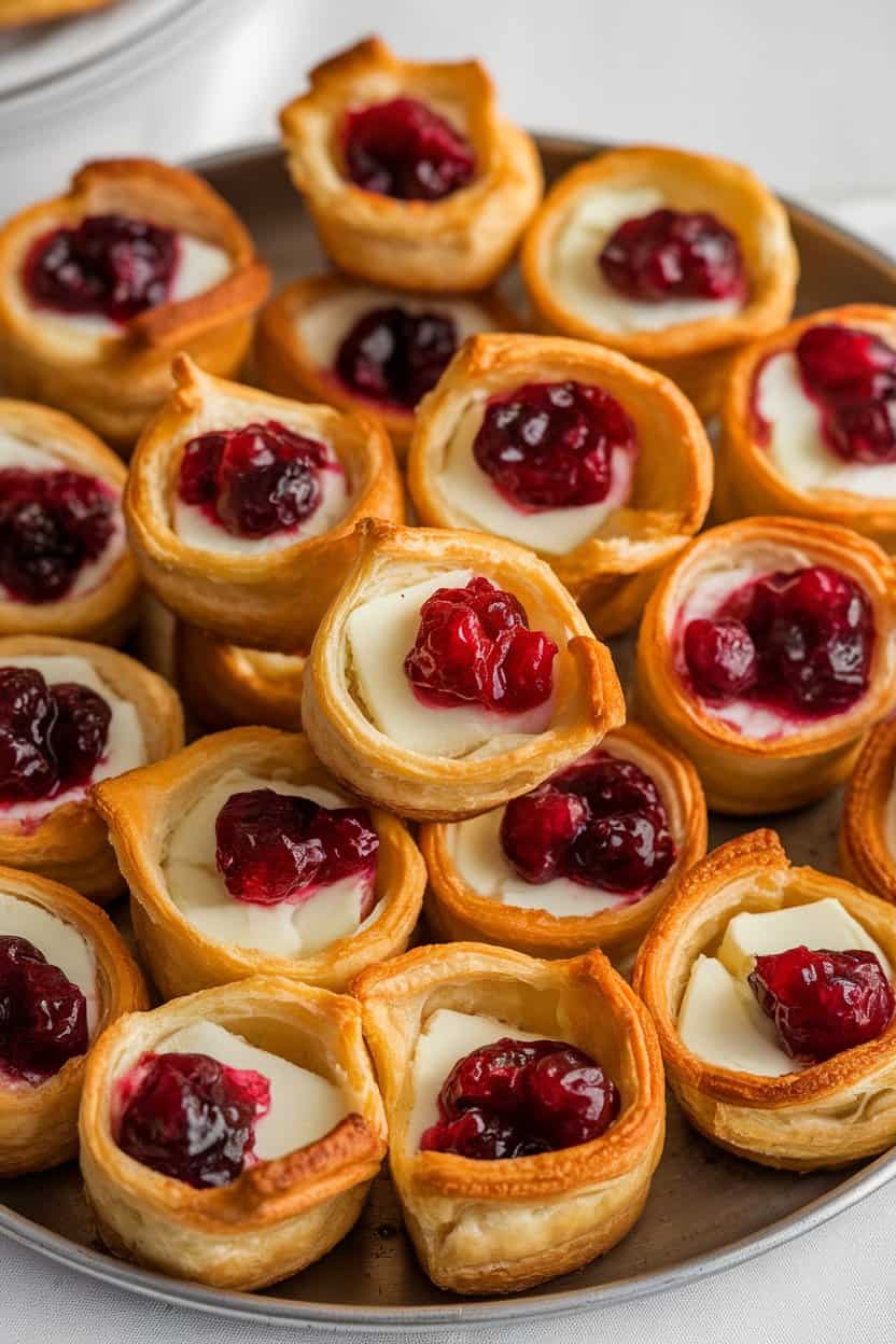 An indoor hors d’oeuvres tray featuring bite-sized puff pastry cups filled with melted brie and cranberry sauce, golden flakes visible. No text or logos, photo only.