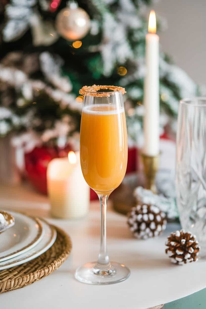 A champagne flute indoors on a holiday table, filled with golden apple cider mimosa topped with sparkling wine, rim lightly coated in cinnamon sugar; soft daylight, no text or logos. Photo only.