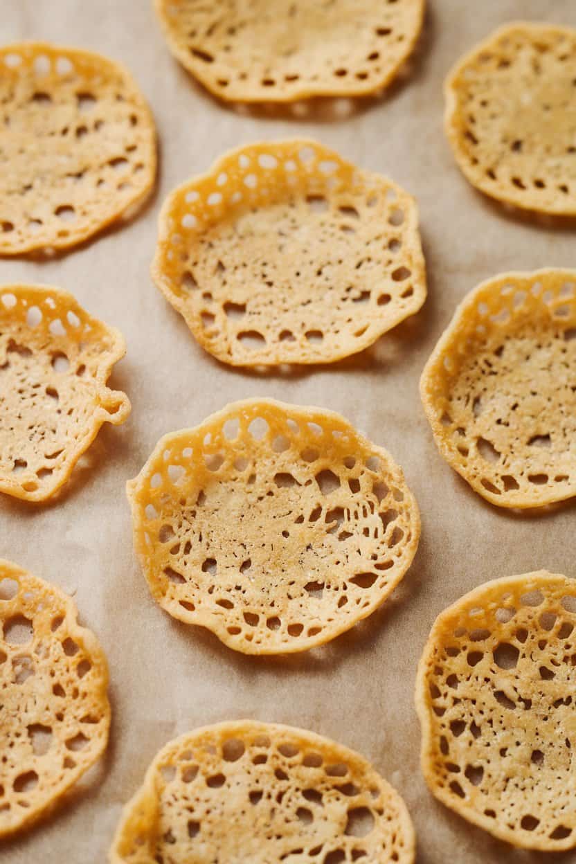 Close-up indoor shot of lacy, round baked Parmesan crisps cooling on parchment, slight golden edges visible. Neutral background, no text or logos. Photo only.