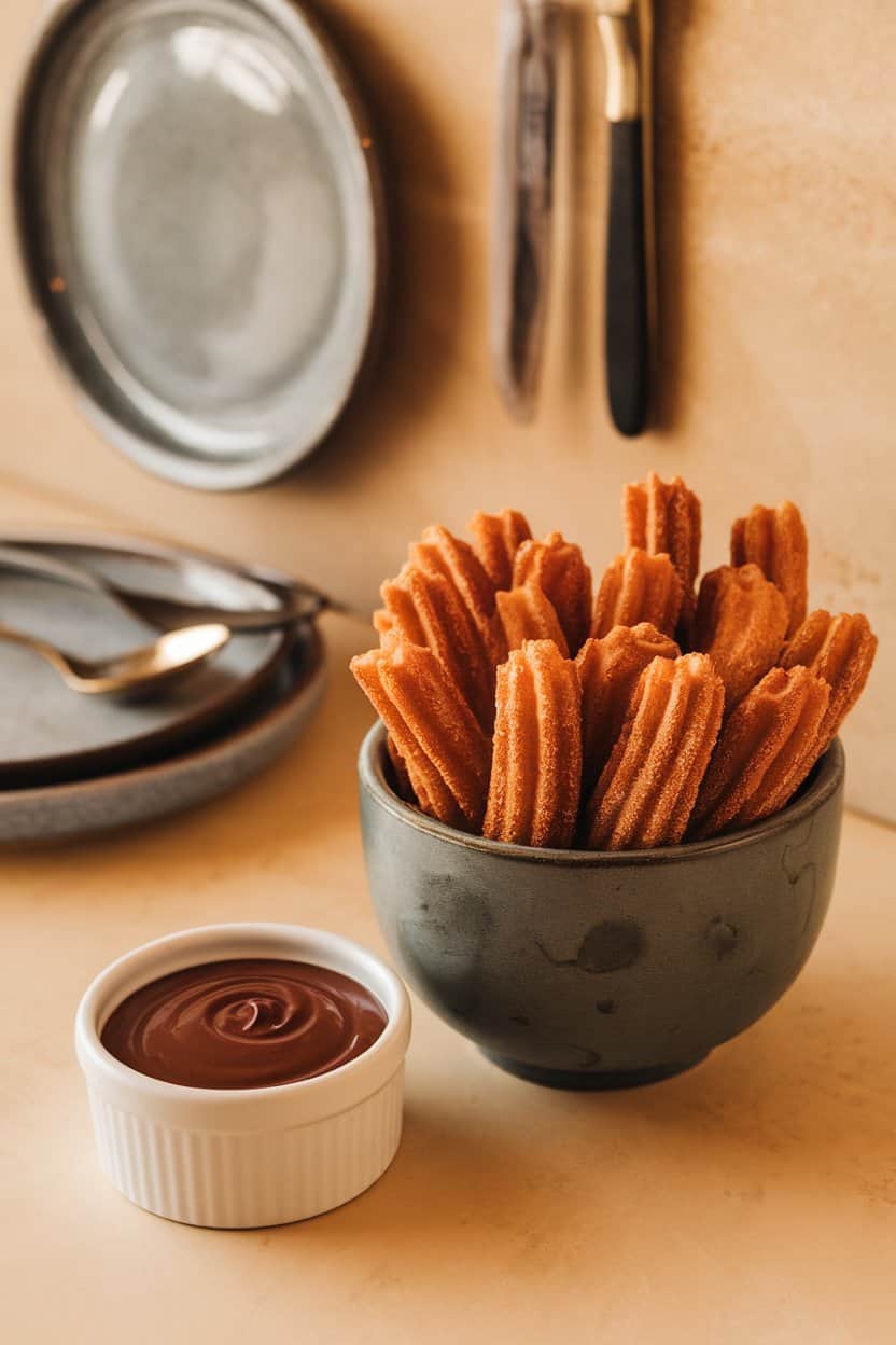 An indoor snack bar scene with a bowl of bite-size churros coated in cinnamon sugar, a small ramekin of chocolate dipping sauce nearby. No text or logos. Photo.