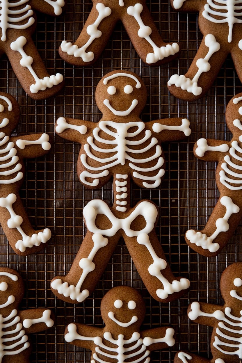 Photo of an indoor cooling rack with classic gingerbread men outlined in white icing bones, creating a skeleton effect—no text or logos.