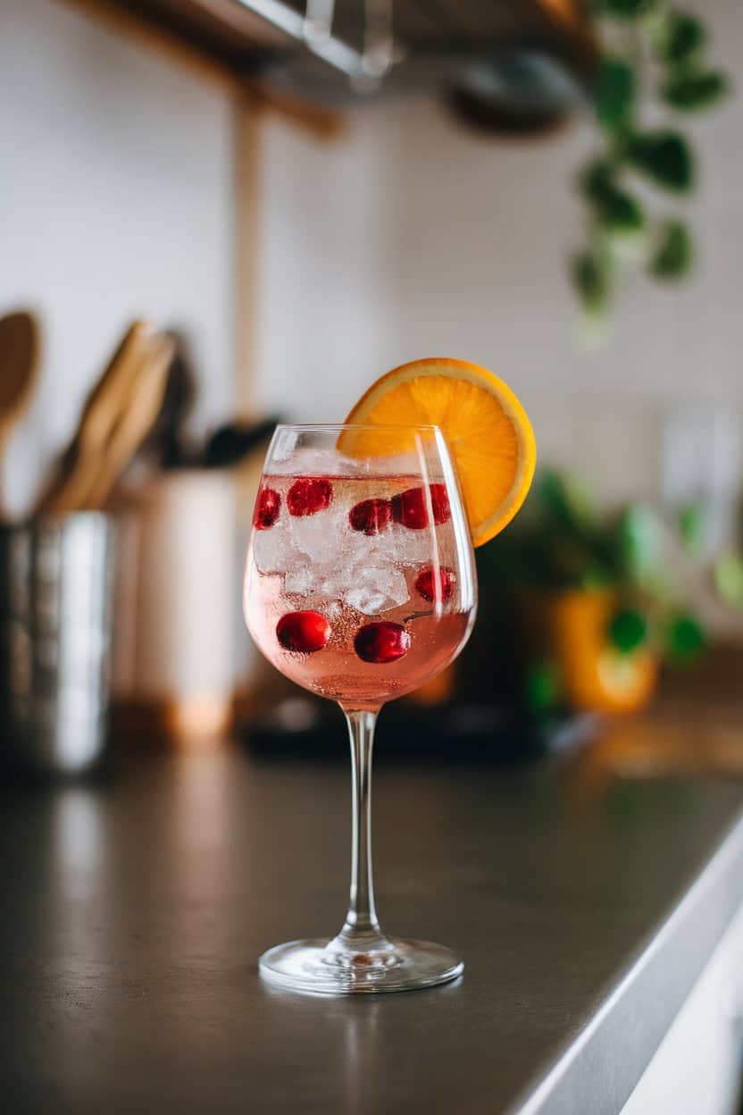 Wine glass indoors filled with sparkling rosé spritz, crushed ice, floating cranberries, and a squeeze of orange; bright kitchen island scene, no text or logos. Photo only.