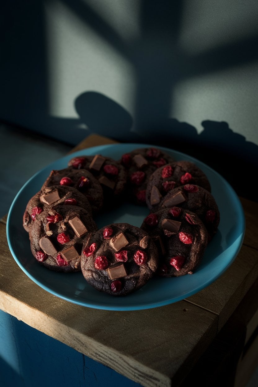 Photo of an indoor plate showing dark chocolate cookies studded with dried cherries and chunks of semisweet chocolate, dramatic moody lighting, no text or logos.