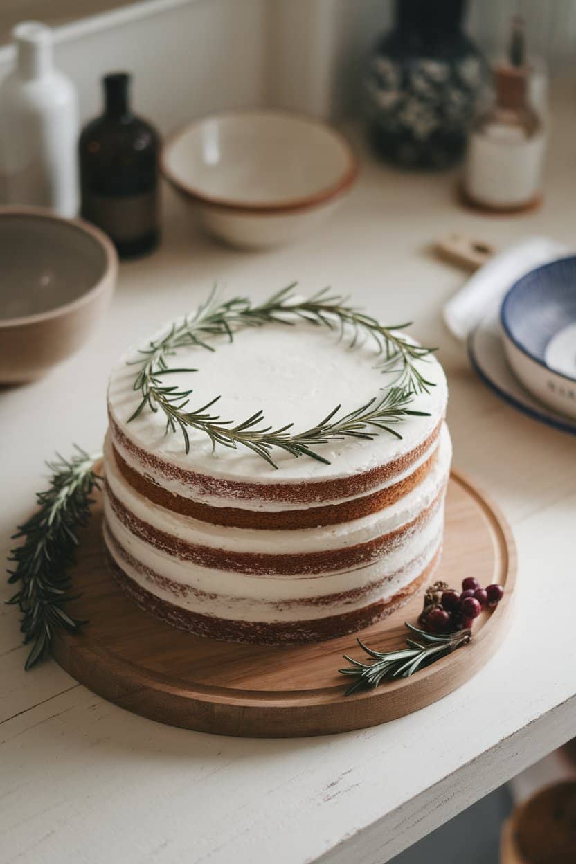 Softly lit indoor farmhouse-style table featuring a three-layer naked cake with minimal frosting and rosemary sprigs forming a simple wreath on top, no text or logos.