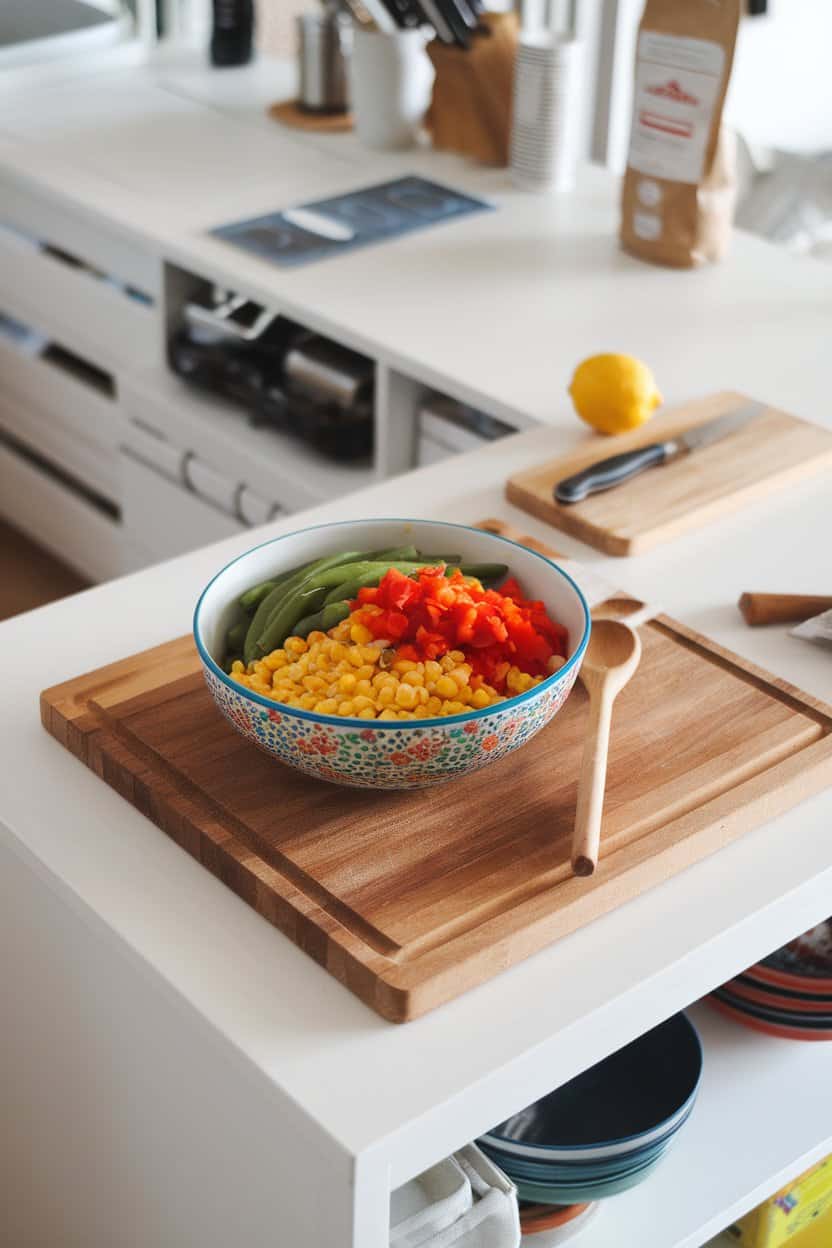Indoor kitchen island with a colorful bowl of sautéed green beans, sweet corn kernels, and diced red bell peppers; no text or logos