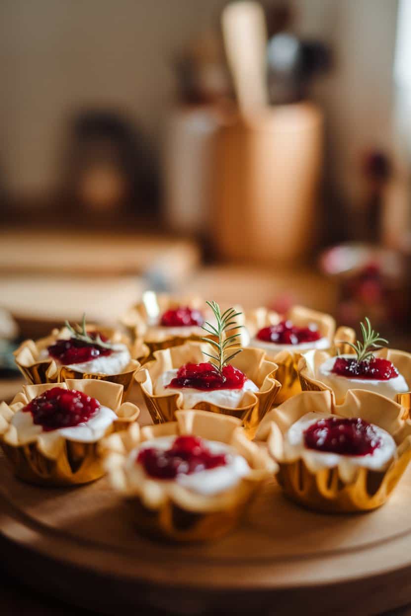 A warmly lit indoor kitchen table featuring golden mini phyllo cups filled with molten brie and ruby-red cranberry preserves, garnished with a tiny rosemary sprig. Shot from a slight overhead angle, shallow depth of field, no text or logos, photo only.
