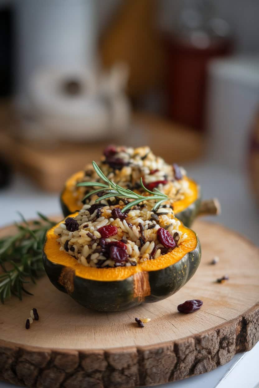 Indoor photo of halved roasted acorn squash filled with colorful wild rice, dried cranberries, and herbs on a rustic platter, no text or logos