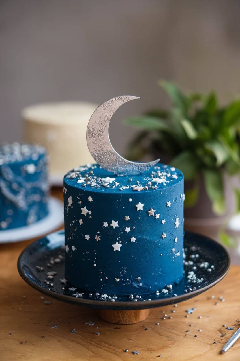 Indoor dessert plate holding a midnight-blue fondant cake speckled with tiny white and silver stars, crescent moon topper, no text or logos.