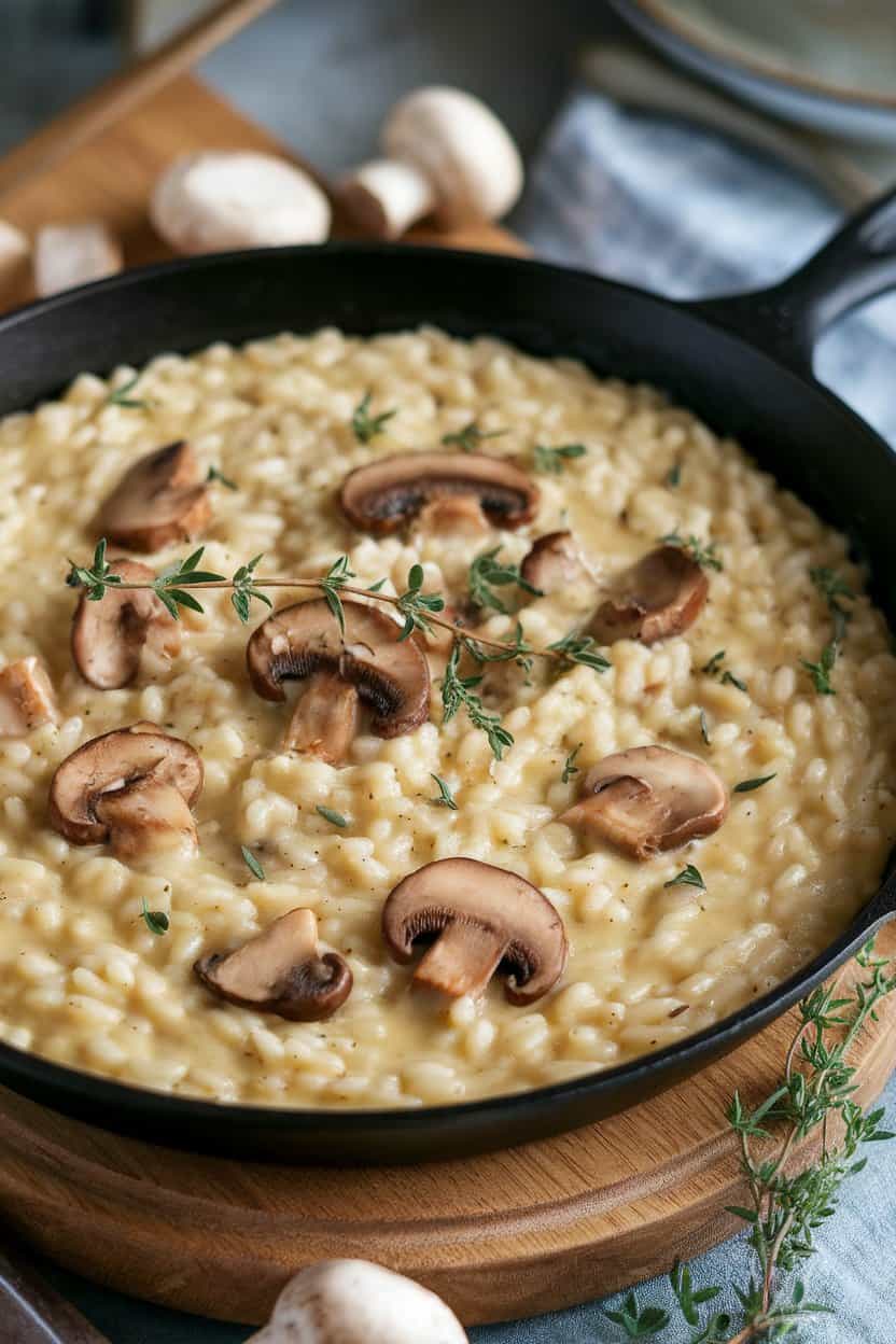 Indoor photo of creamy mushroom risotto in a wide skillet, garnished with fresh thyme sprigs, no text or logos