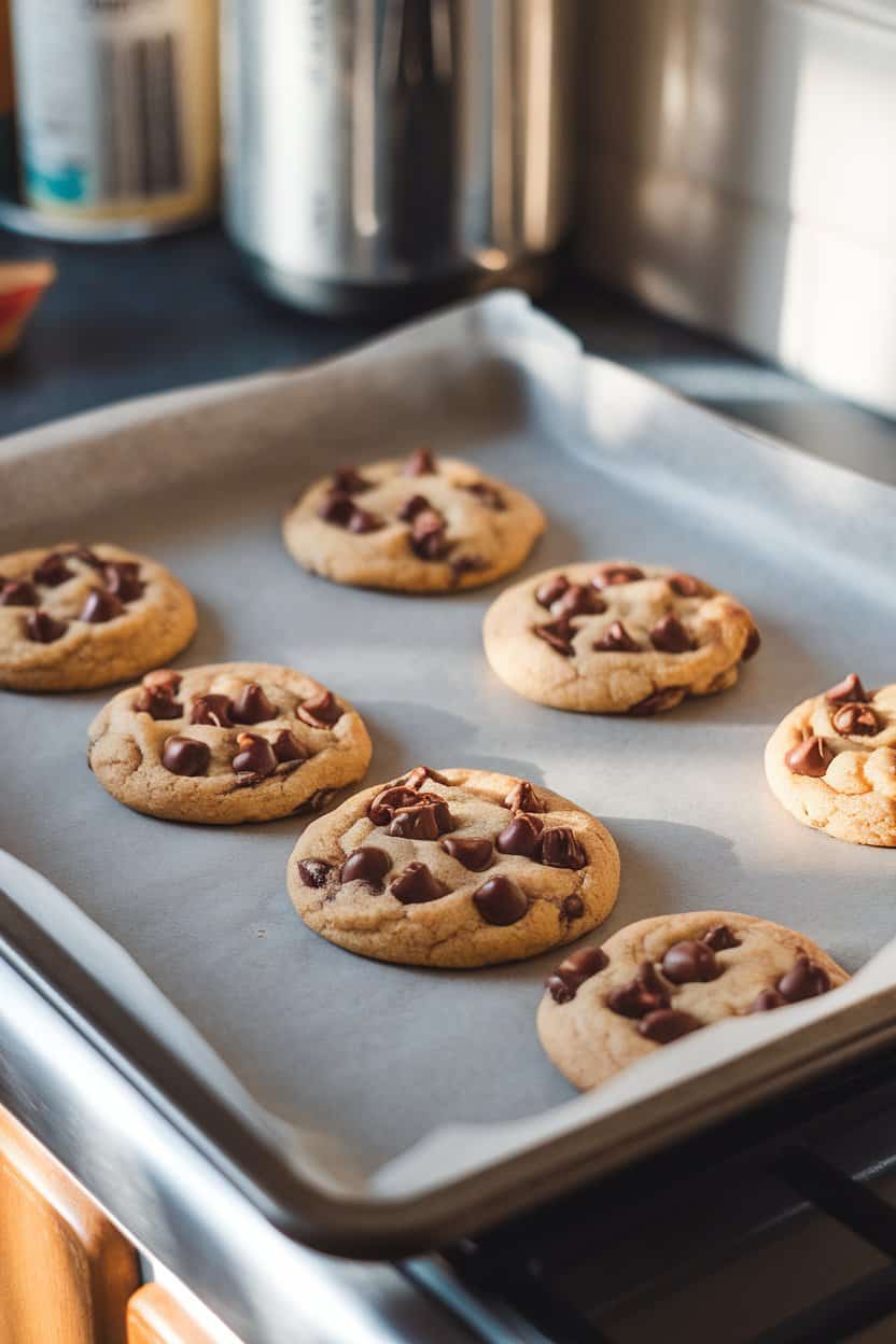 Photo prompt: Indoor kitchen counter with a parchment-lined baking sheet of warm, golden brown chocolate chip cookies, chocolate pieces slightly melted. Soft afternoon light, no text or logos anywhere in the frame.