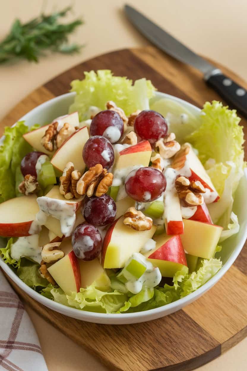 Indoor photo of diced apples, red grapes, celery, and toasted walnuts coated in a light yogurt dressing, served on a bed of butter lettuce. No text or logos.