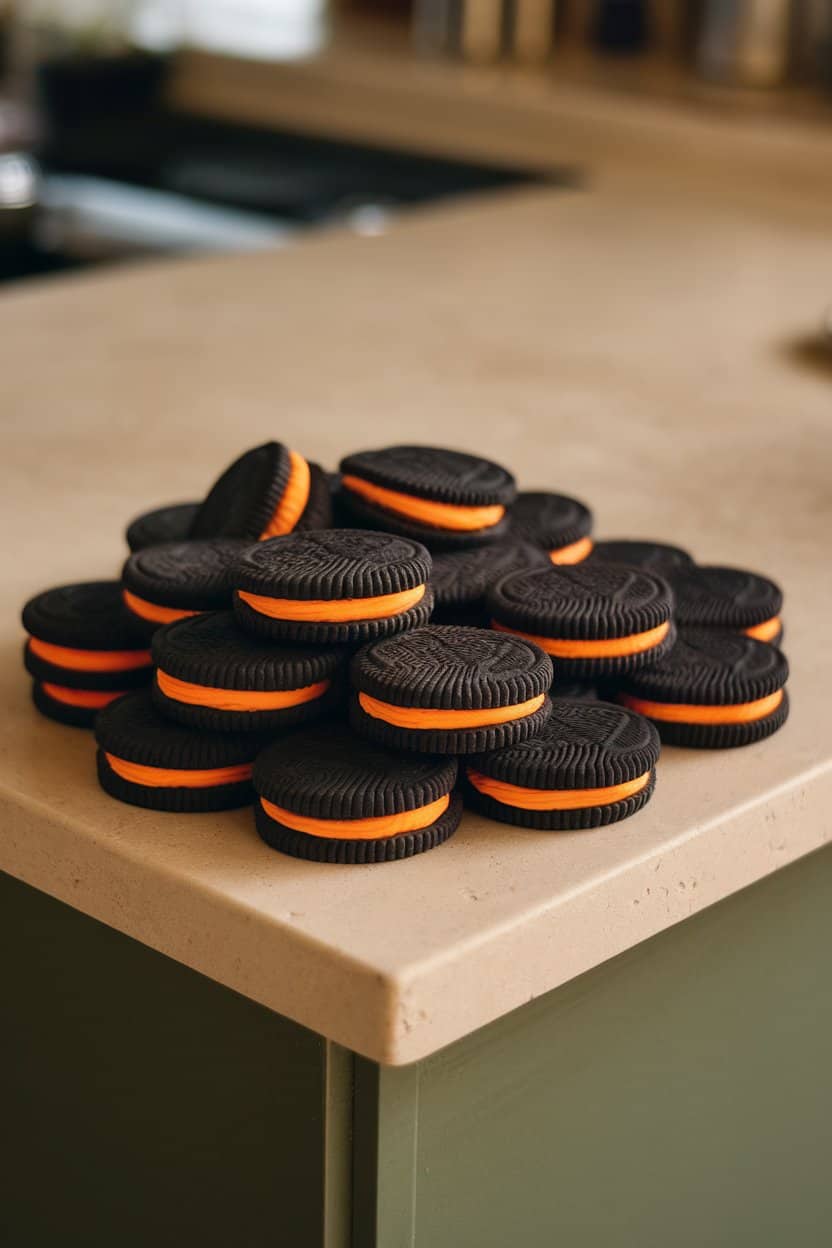 Photo of an indoor kitchen island displaying charcoal-black sandwich cookies with neon orange buttercream filling, stacked neatly—no text or logos.
