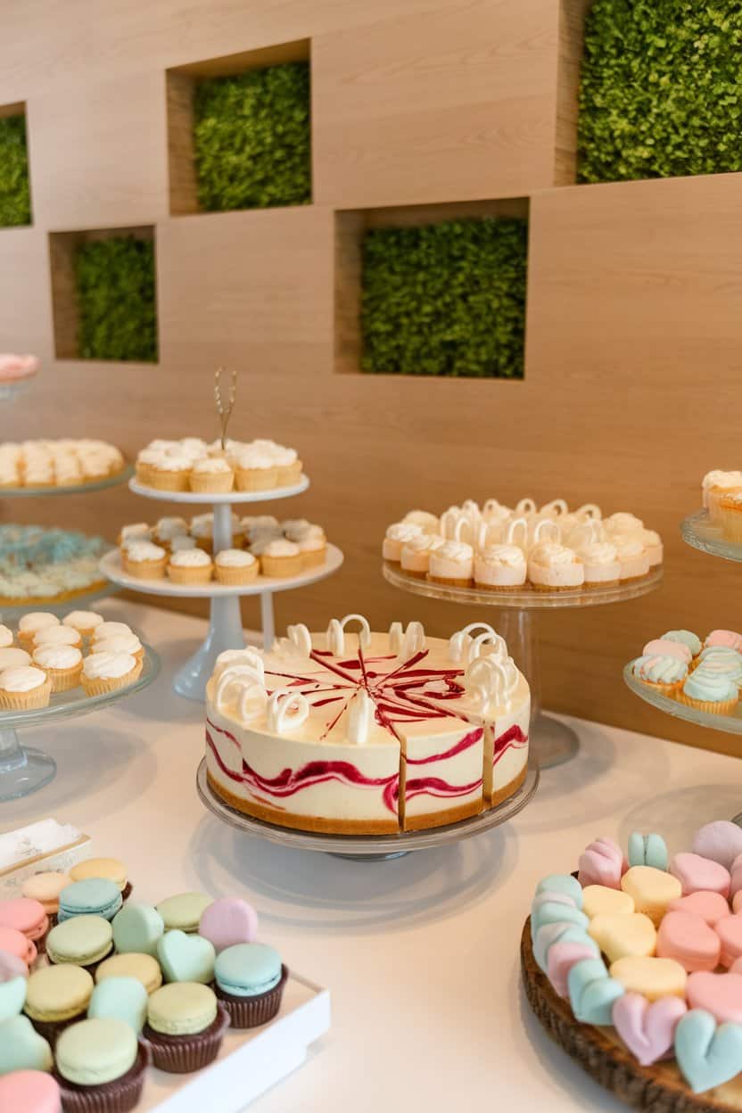 An indoor dessert table spotlighting a sliced cheesecake swirled with cranberry ribbons, white chocolate curls on top. No text or logos, photo only.