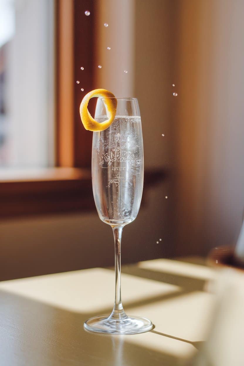 Slim champagne flute indoors with clear lavender honey French 75, twisting lemon peel garnish, gentle bubbles rising; sunny brunch table, no text or logos. Photo only.