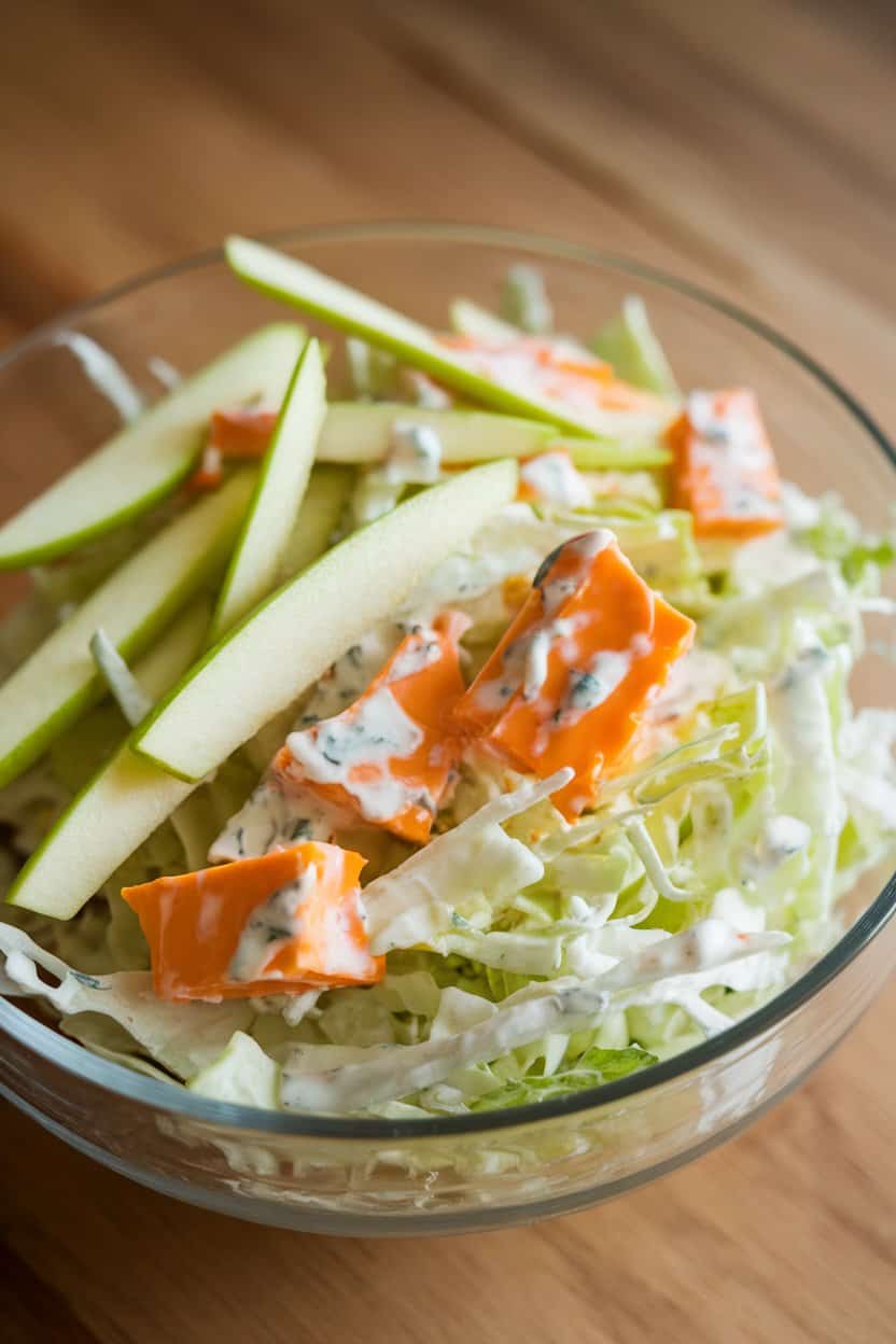 Indoor photo of thin green-apple matchsticks, shredded cabbage, and sharp cheddar cubes tossed in a creamy herb dressing, set in a clear glass bowl. No text or logos.