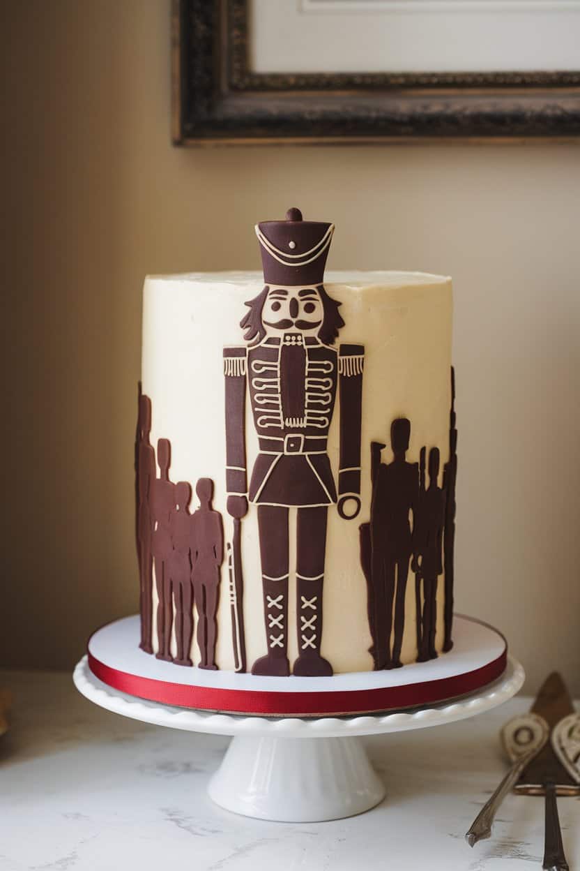 Indoor shot of a fondant-covered cake featuring a contrasting chocolate silhouette of a nutcracker soldier wrapping around the sides, no text or logos.