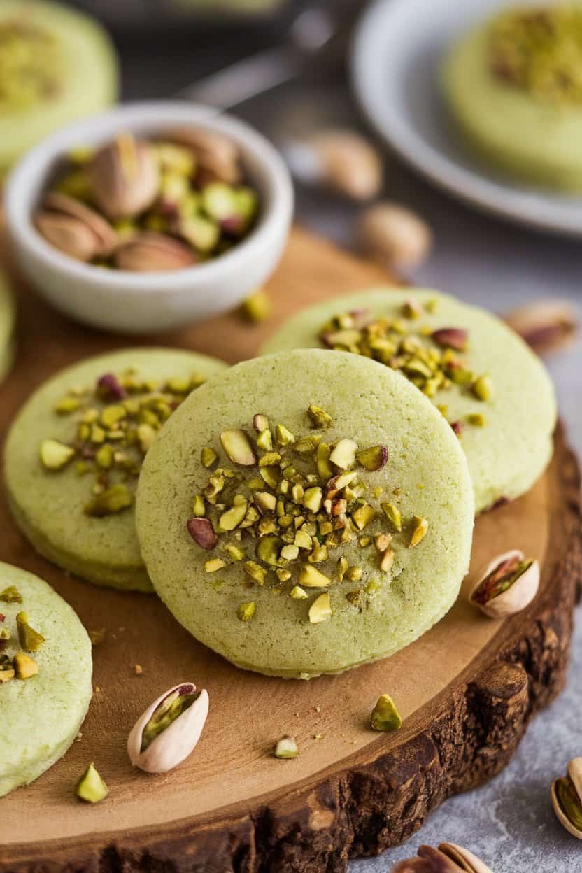 Indoor scene of pale green pistachio sugar cookies embedded with chopped pistachios, small bowl of shelled nuts nearby. No logos.