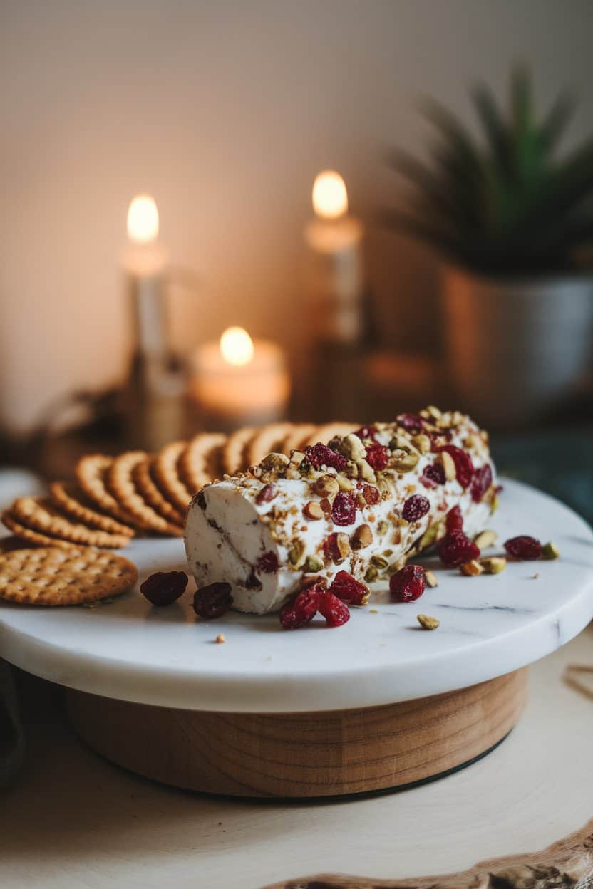 Indoor marble board displaying a goat cheese log rolled in chopped cranberries and pistachios, crackers arranged alongside. Cozy lighting, no logos or text. Photo, not illustration.