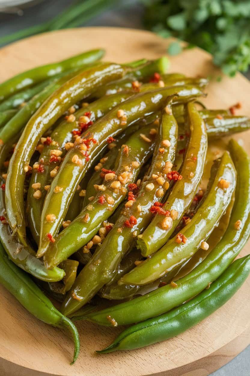Indoor close-up of glossy green beans coated in honey-garlic glaze, sprinkled with crushed red pepper flakes; no text or logos