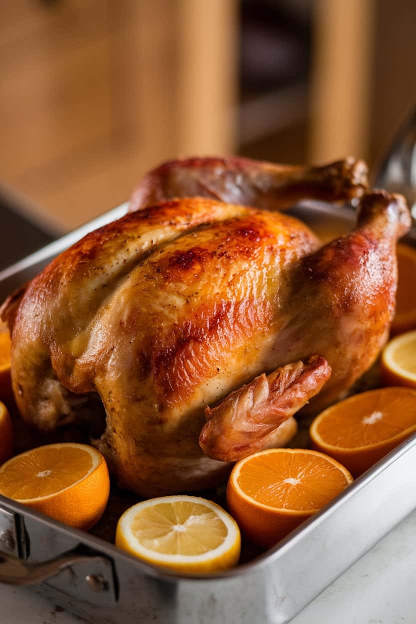 Indoor photo of a whole roast chicken in a roasting pan, orange and lemon wedges nestled around, skin browned and crackling; no text or logos.
