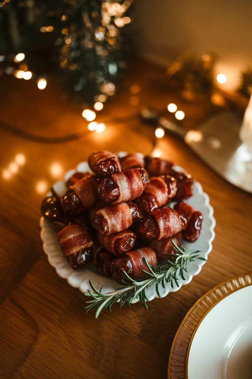 An indoor table scene featuring a small white platter piled with glossy bacon-wrapped dates, a few sprigs of rosemary for color, photographed from a slight overhead angle. Warm holiday lighting. No text or logos anywhere in the frame. Photo, not illustration.