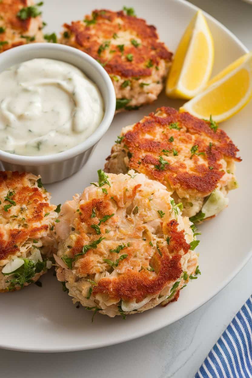 Indoor close-up of petite golden crab cakes on a platter with a small bowl of creamy remoulade, lemon wedges off to the side. No text or logos, photo.