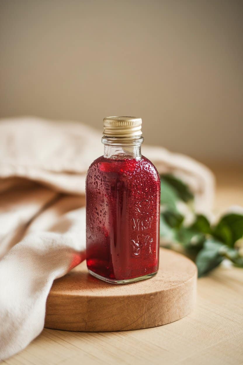 Small glass bottle indoors filled with ruby red cranberry-thyme shrub, condensation on the outside; neutral backdrop, no text or logos. Photo only.