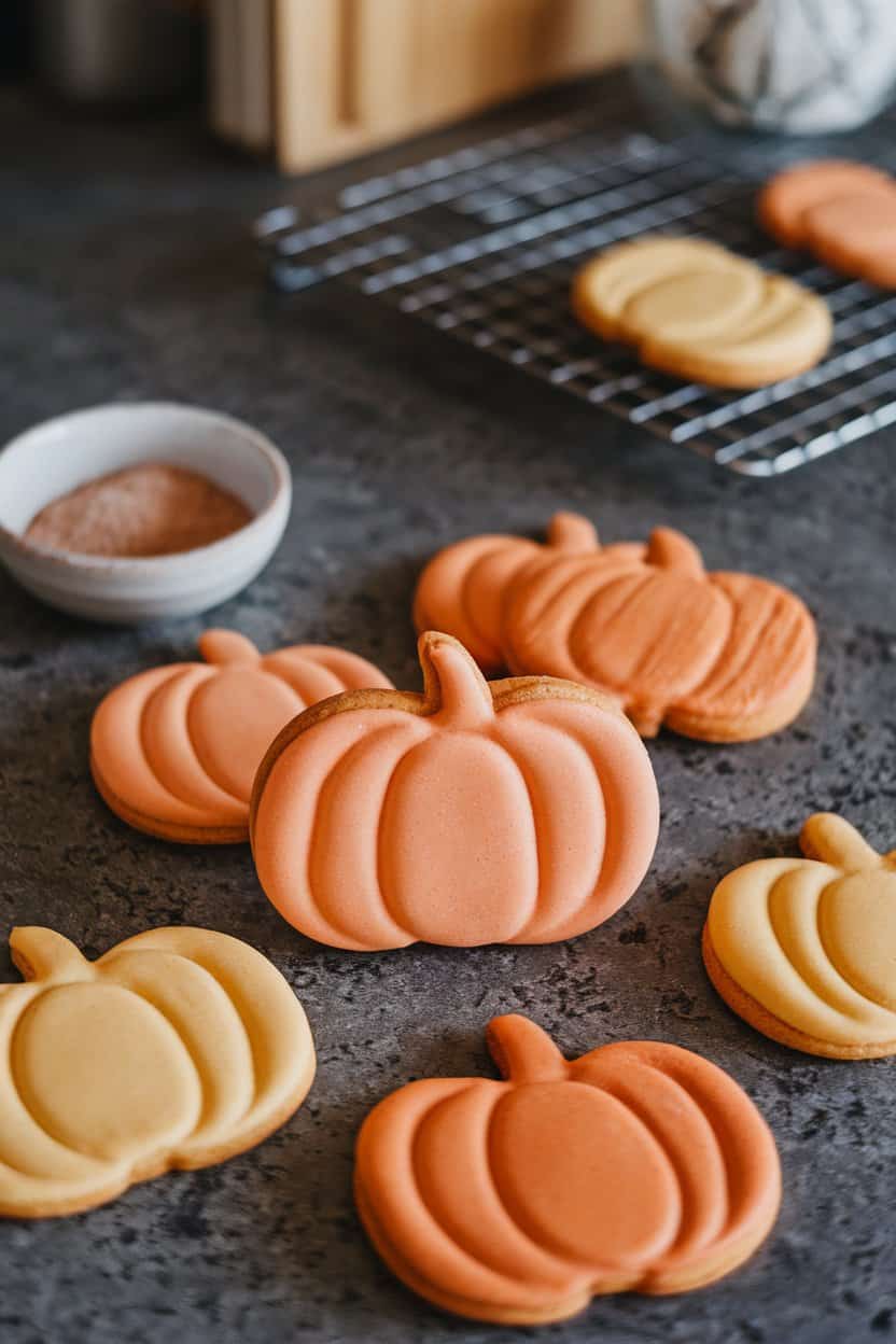Photo of an indoor countertop featuring pumpkin-shaped cookies in varying shades of orange, a small bowl of cinnamon sugar nearby, and a cooling rack in the background—no text or logos.