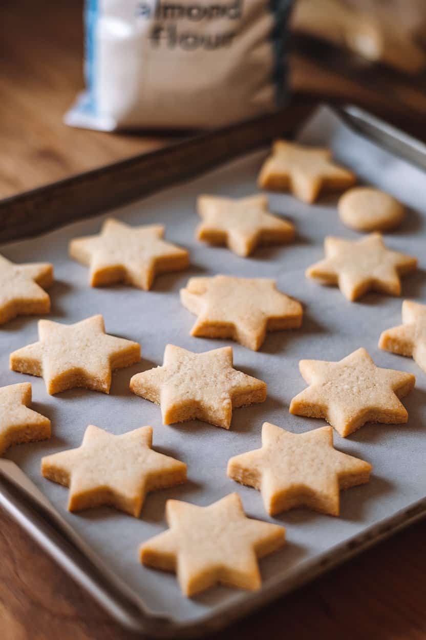 Indoor scene of gluten-free sugar cookies cut into stars, bag of almond flour blurred in background, no logos visible.