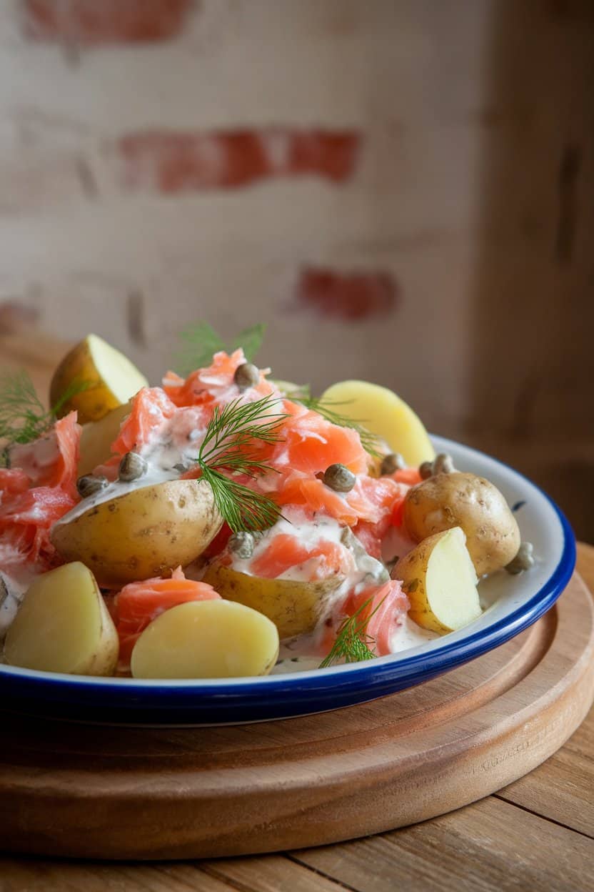 Indoor photo of baby potato halves mixed with cooked smoked salmon flakes, fresh dill, and capers in a creamy dressing on a ceramic platter. No text or logos.