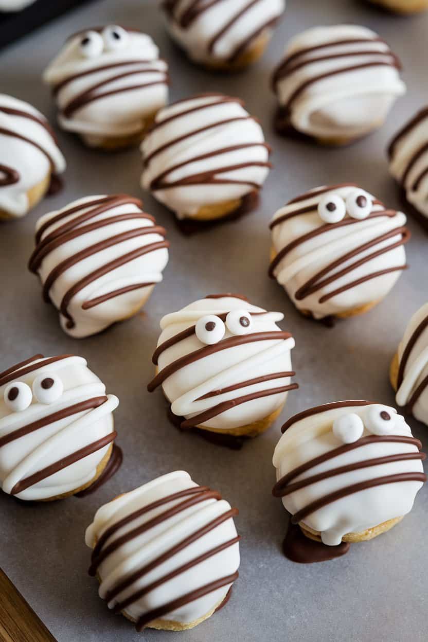 Photo of an indoor kitchen counter with white-chocolate-coated cookie truffles drizzled in thin stripes to resemble mummy bandages, two tiny candy eyes on each—no text or logos.